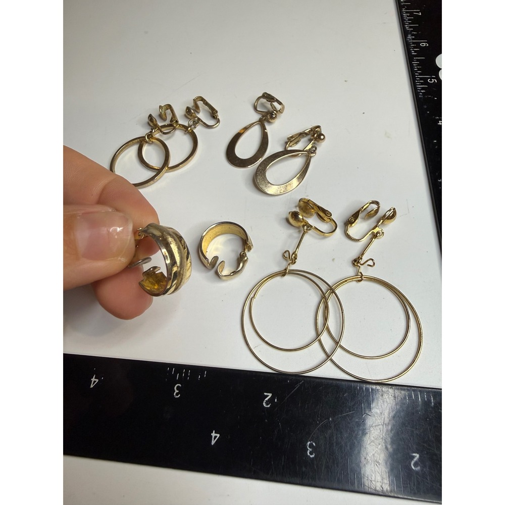Gold Tone Clip On Earring Lot 4 Pairs Hoops Teardrop Dangle Mixed Set